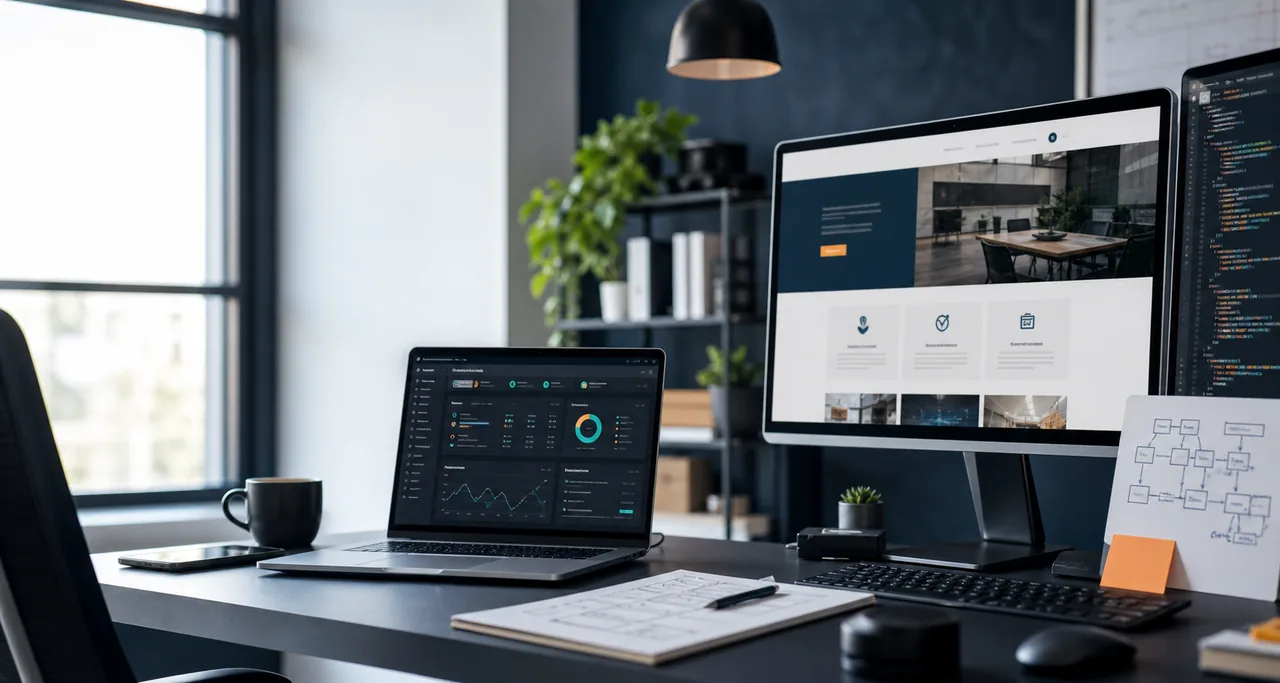 Modern web development workspace with dashboard and website previews