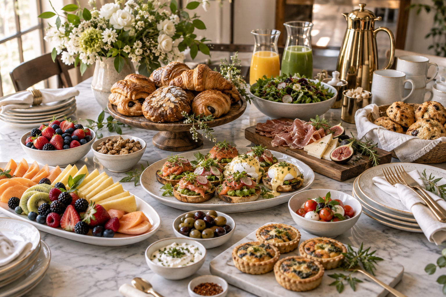 Upscale catered brunch spread with artisan pastries and seasonal plates